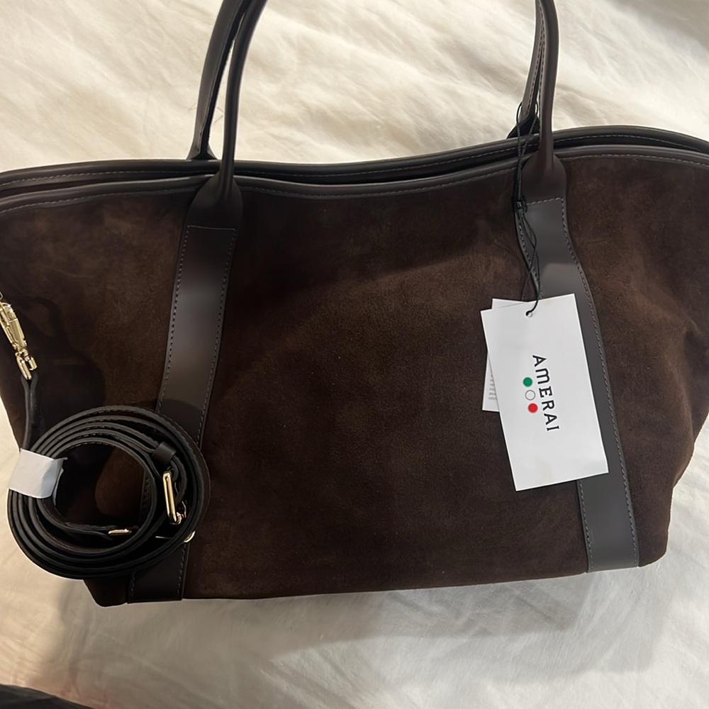NWT AMERAI Italian Chocolate Brown Suede Leather handbag with shoulder strap